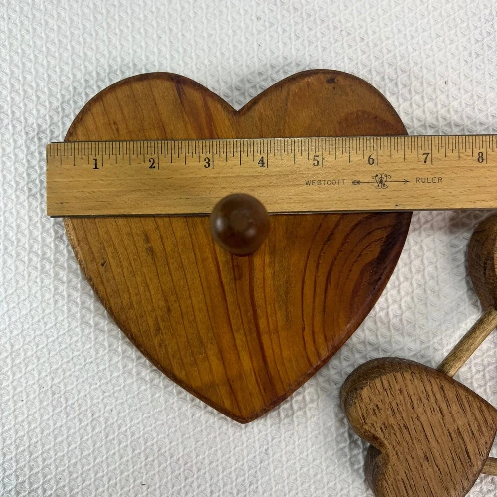 Vintage Wood Heart Wall Hook Peg and Triple Heart Trivet Set Rustic Farmhouse